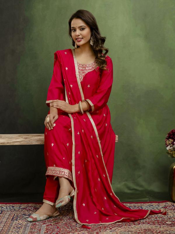 VP 9718 R Elegant Ready to Wear Anarkali Kurta Set in Soft Silk Blend with Embroidered Dupatta and Perfect Fit